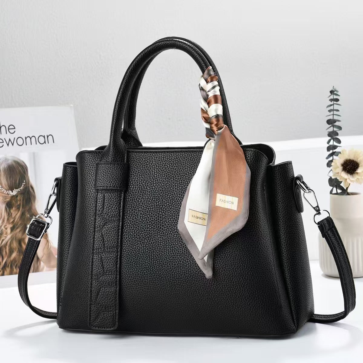 lamzo women' structured handbag with scarf-black
